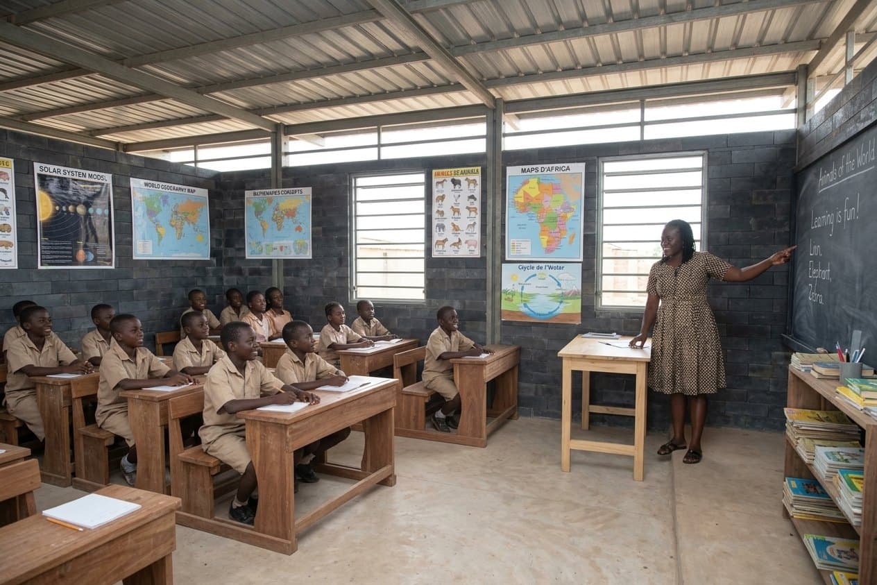 A lesson in a classroom built from recycled plastic blocks