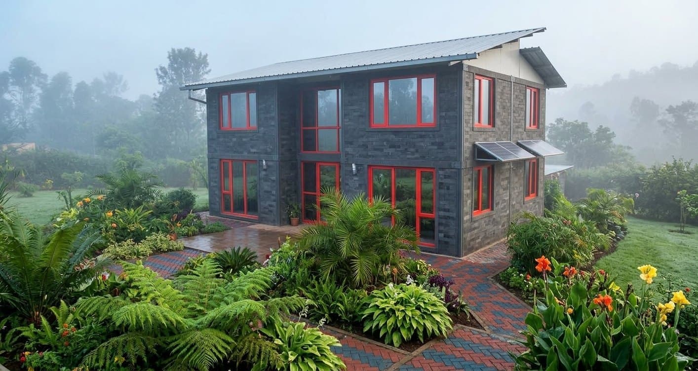 A two storey home built from recycled plastic blocks