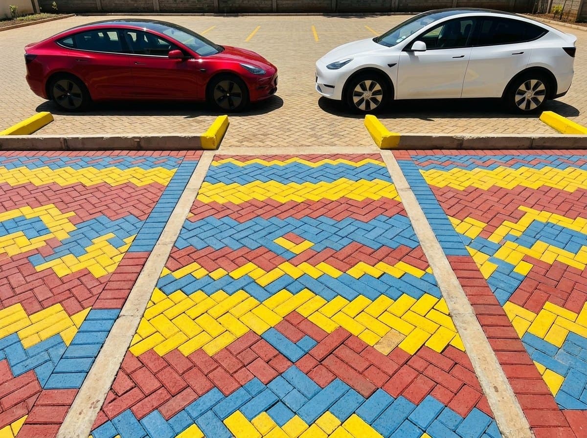 Interlocking paving tiles laid in a coloured pattern