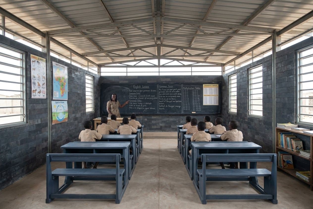 Pupils in a classroom built from blocks