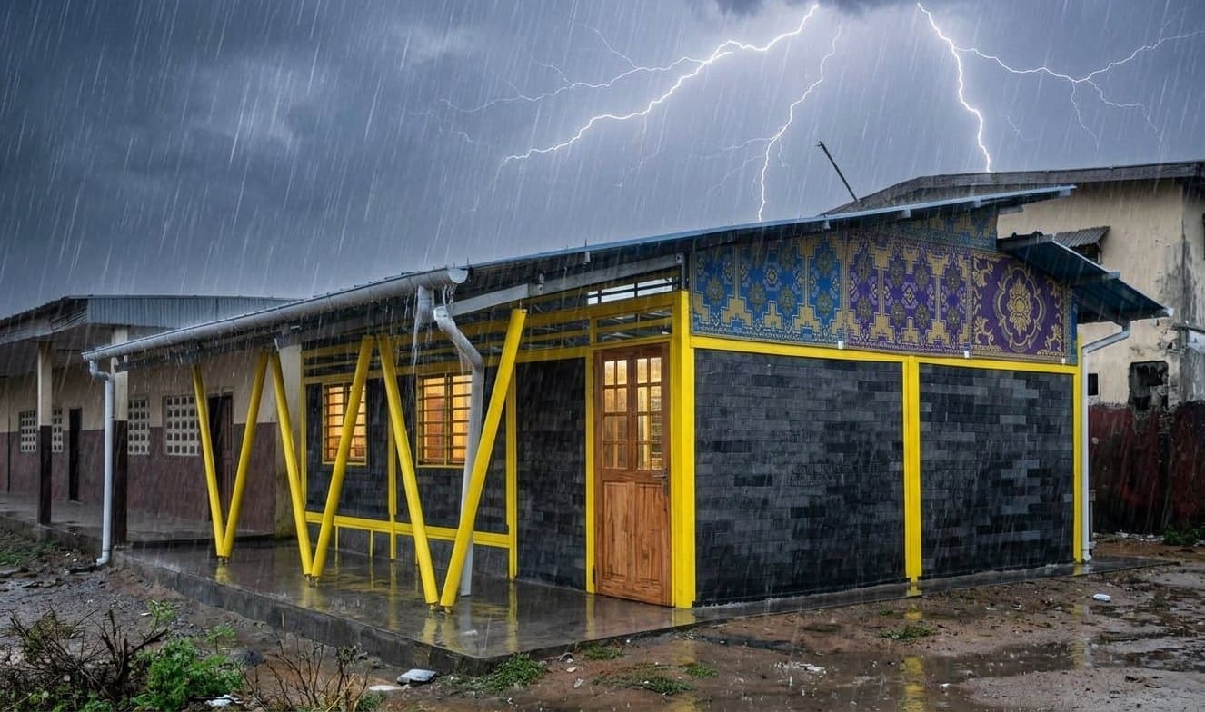 A classroom block standing through a rainstorm