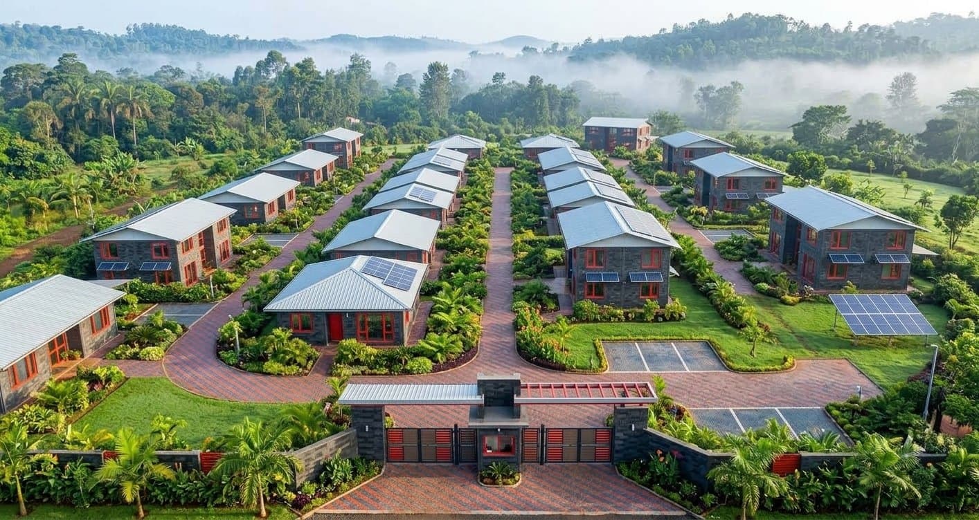Aerial view of an estate of homes built from blocks