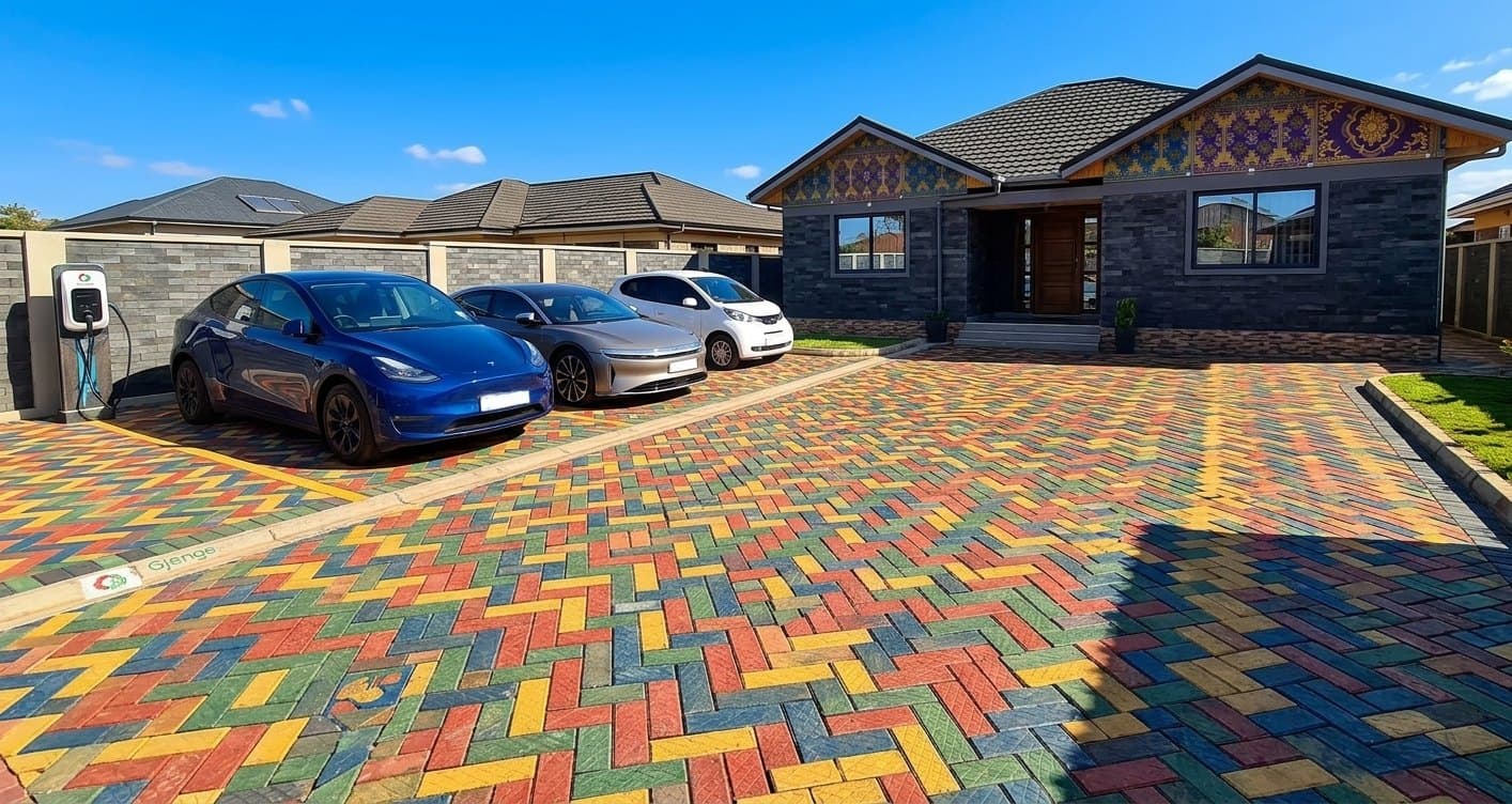 A home with a drive paved in coloured tiles