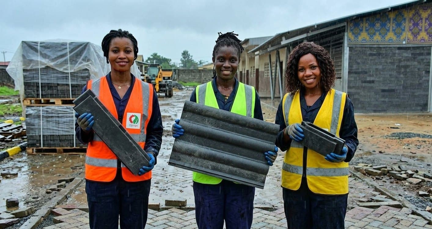Three staff holding blocks at the plant
