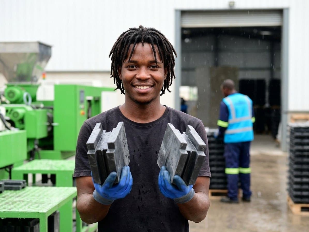 A worker holding two interlocking recycled plastic blocks in the plant